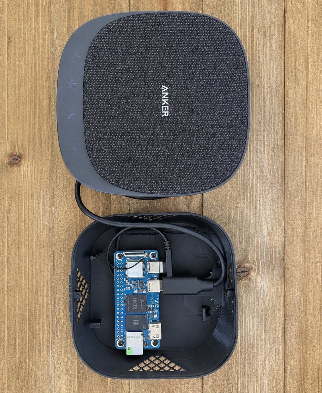 A Kenzy room node: USB speakerphone in a 3D-printed cradle